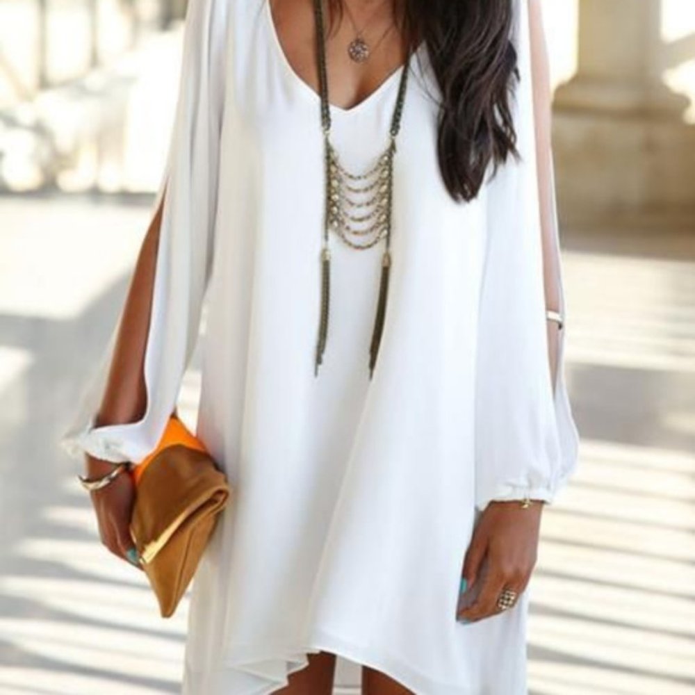 Lulu's Chiffon Relaxed Mini Loose Fit Dress | SZ Medium | Cream | NWT